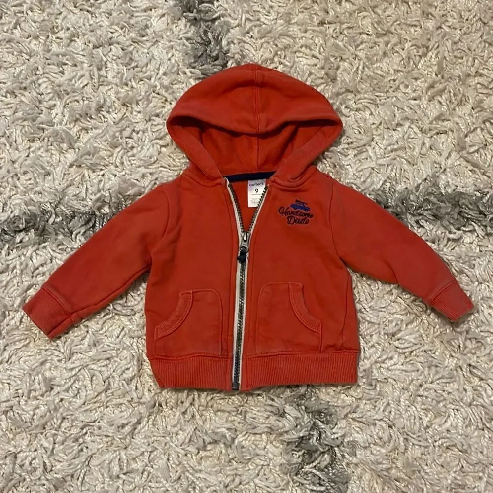 Carters Red Zip Up Hoodie “Handsome Dude” 9 months